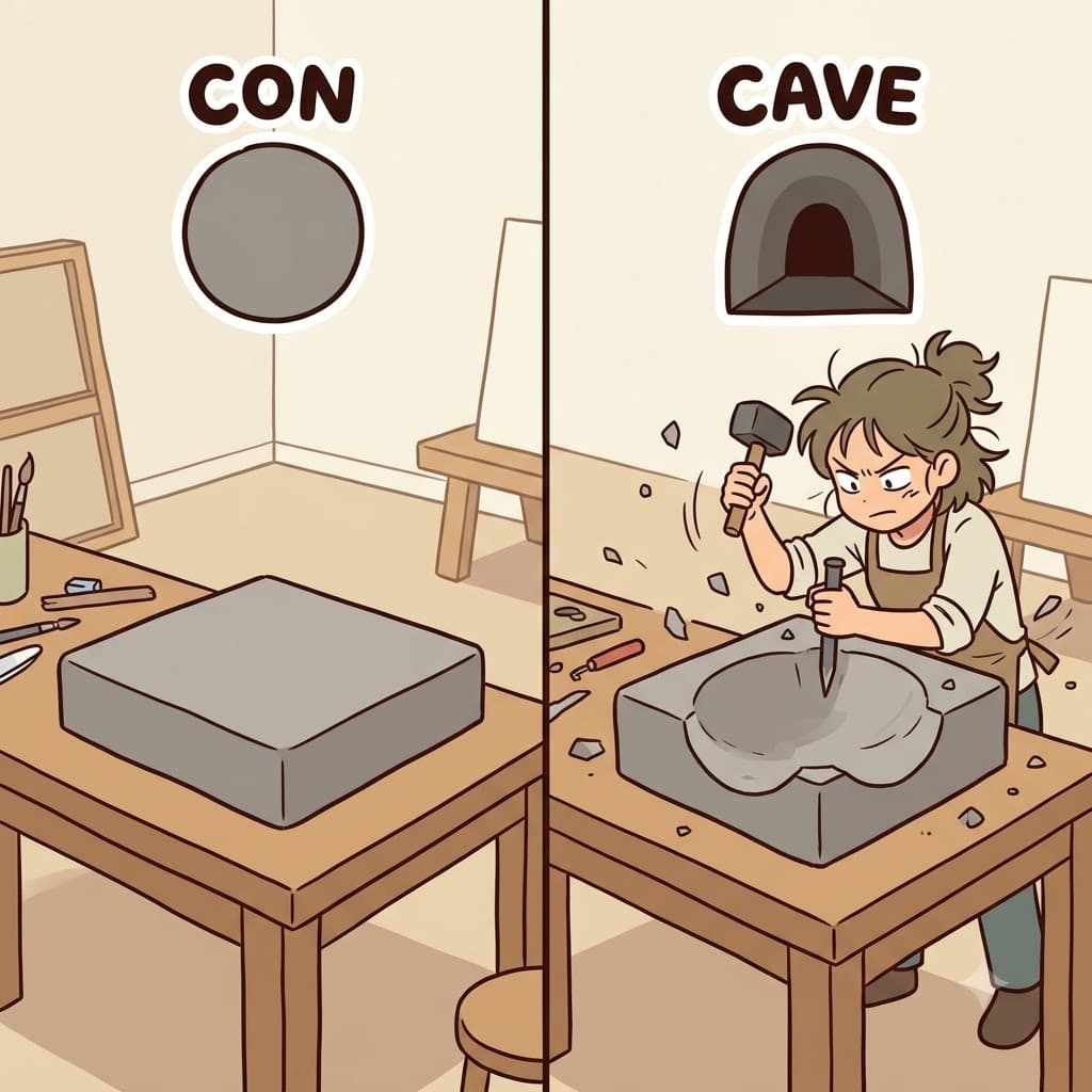 CON(completely) + CAVE(hollow) — by carving the stone to be CON(completely) hollow like a CAVE(hollow), the artist created a beautiful concave bowl.