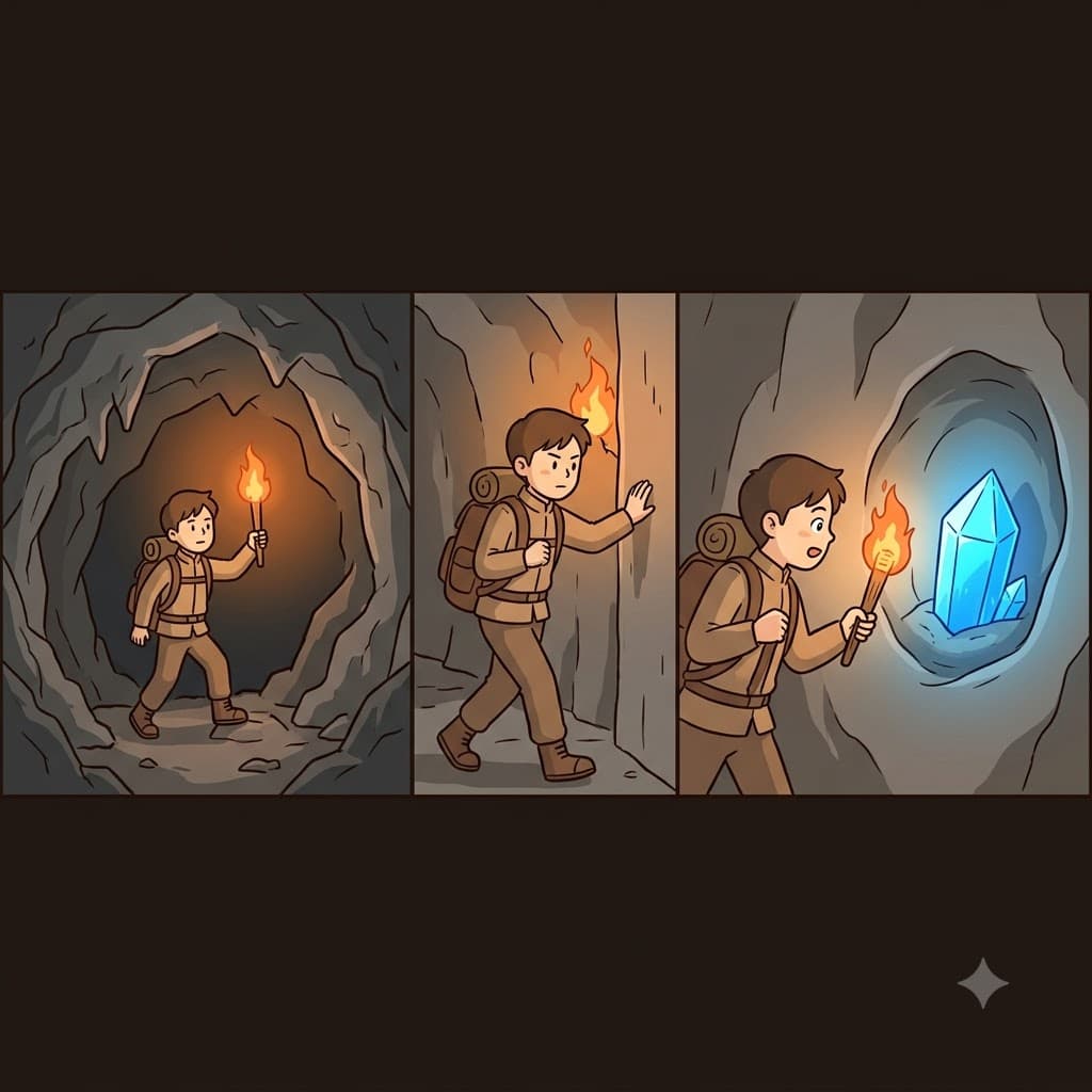 Walking deep into the dark stone cave, the explorer found a glowing blue crystal hidden inside a concave hole in the wall.
