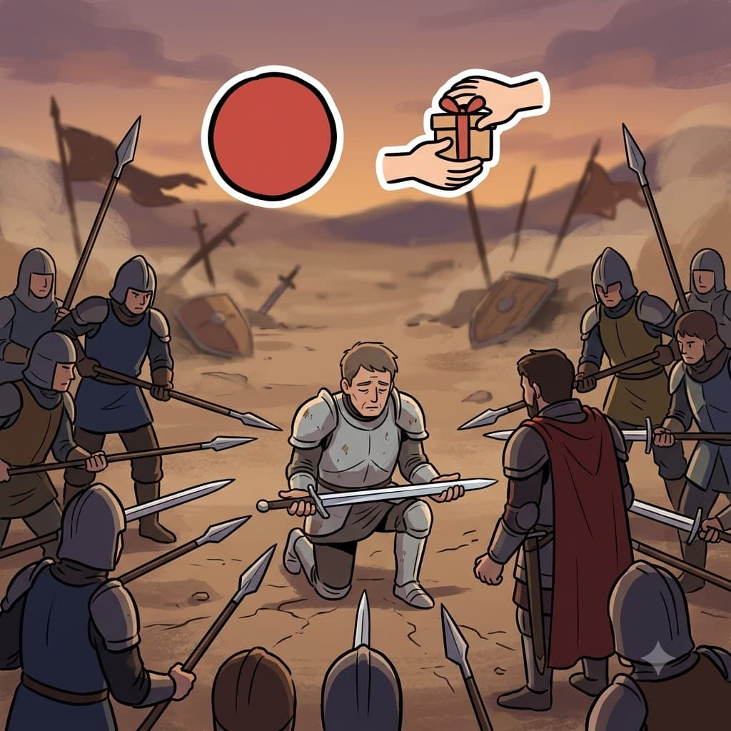 CON(completely) + CEDE(yield) — surrounded by enemy swords, the general had to CON(completely) CEDE(yield) his weapon to concede defeat.