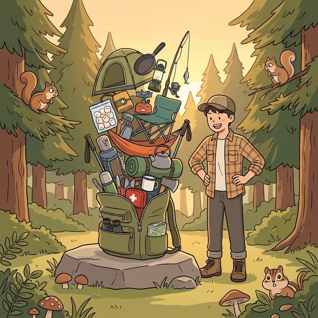 Every conceivable gadget for camping is packed into his tiny backpack.