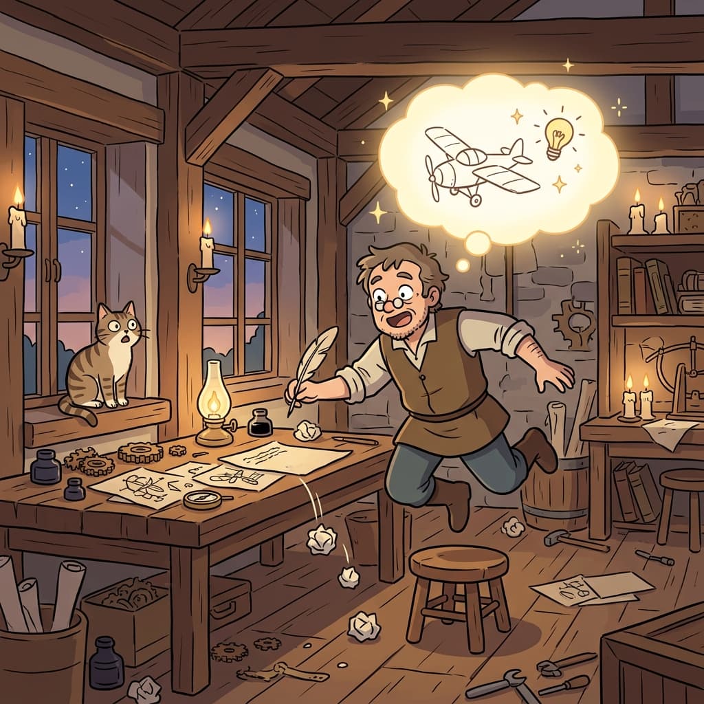 The inventor finally conceived a brilliant idea for his flying machine.