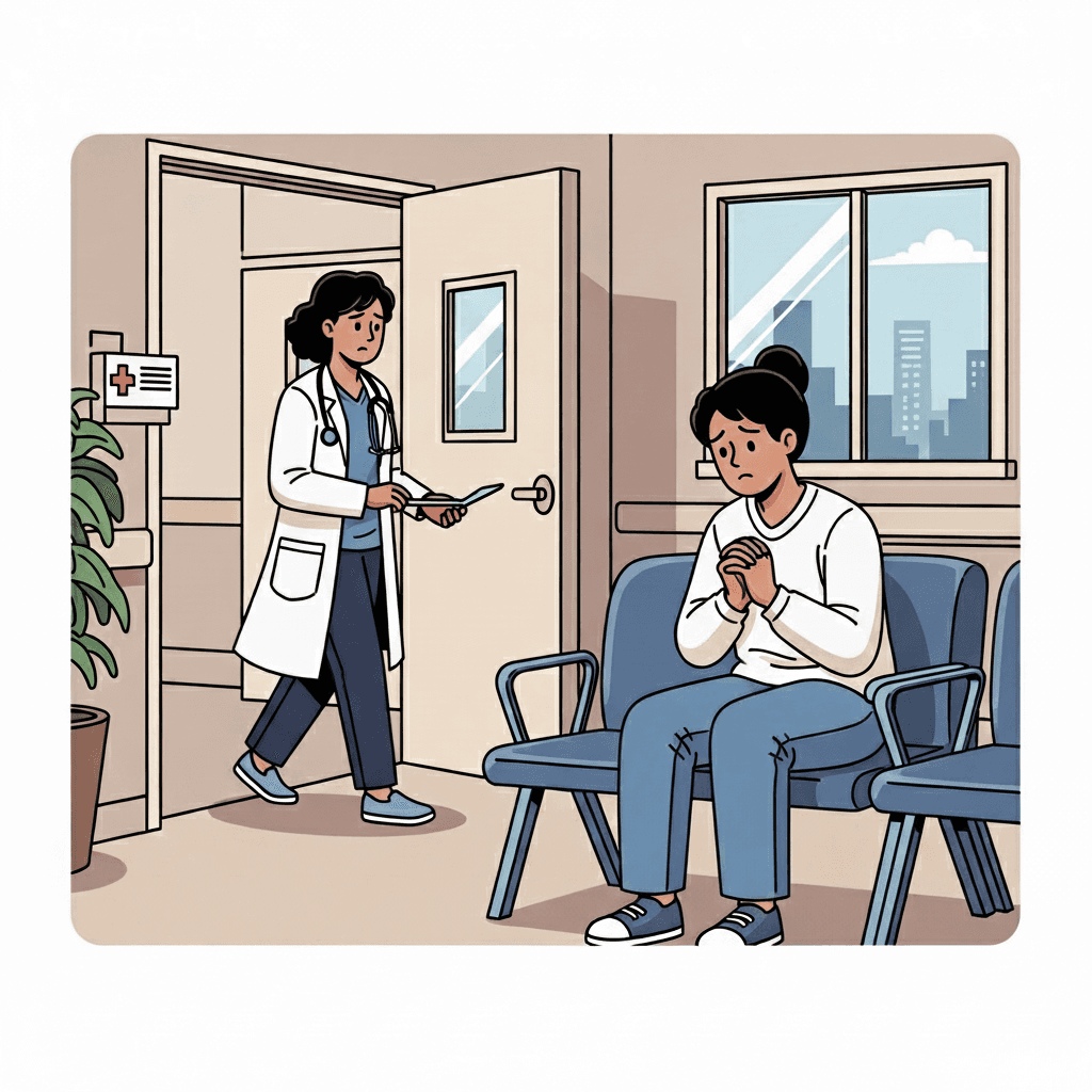 When the doctor returned, the patient's worried expression showed her deep concern.