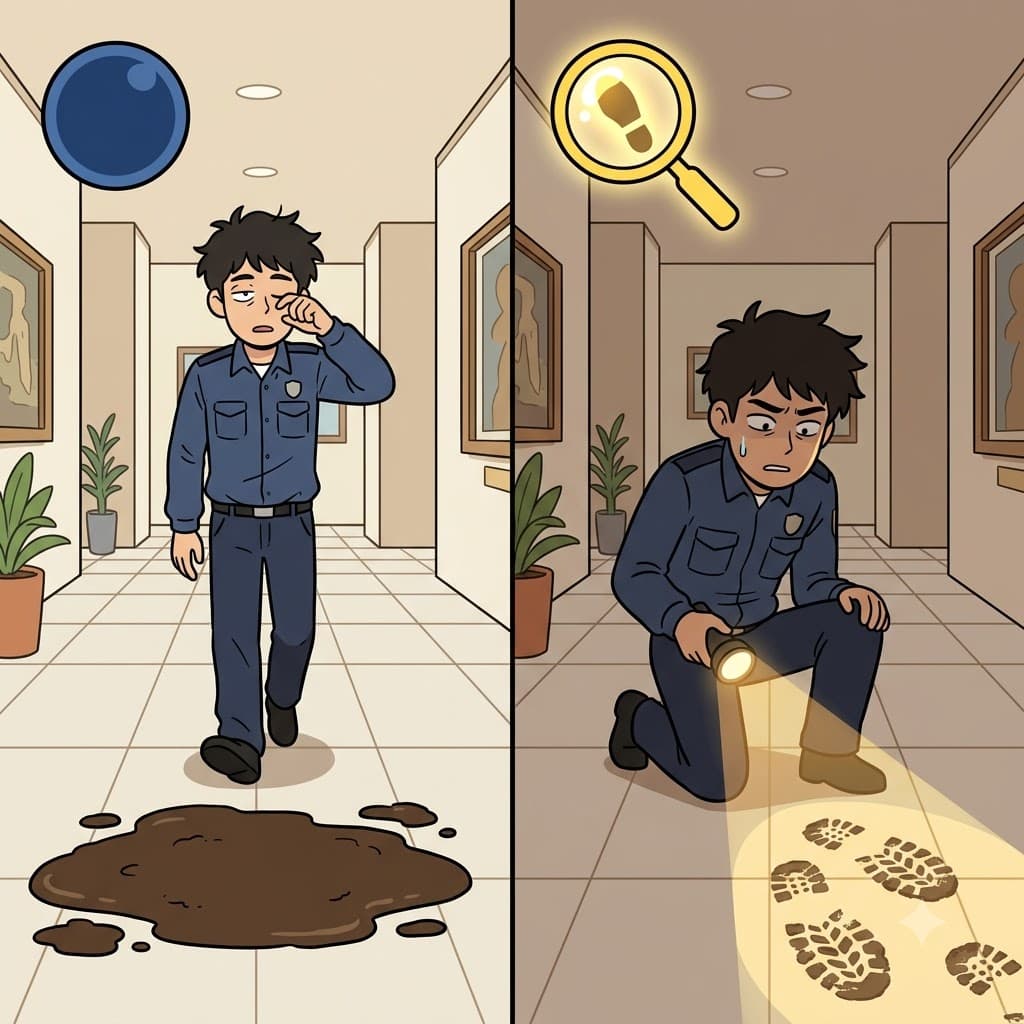 CON(completely) + CERN(observe) — after deciding to CON(completely) CERN(observe) the strange footprints, the guard became highly concerned about an intruder.