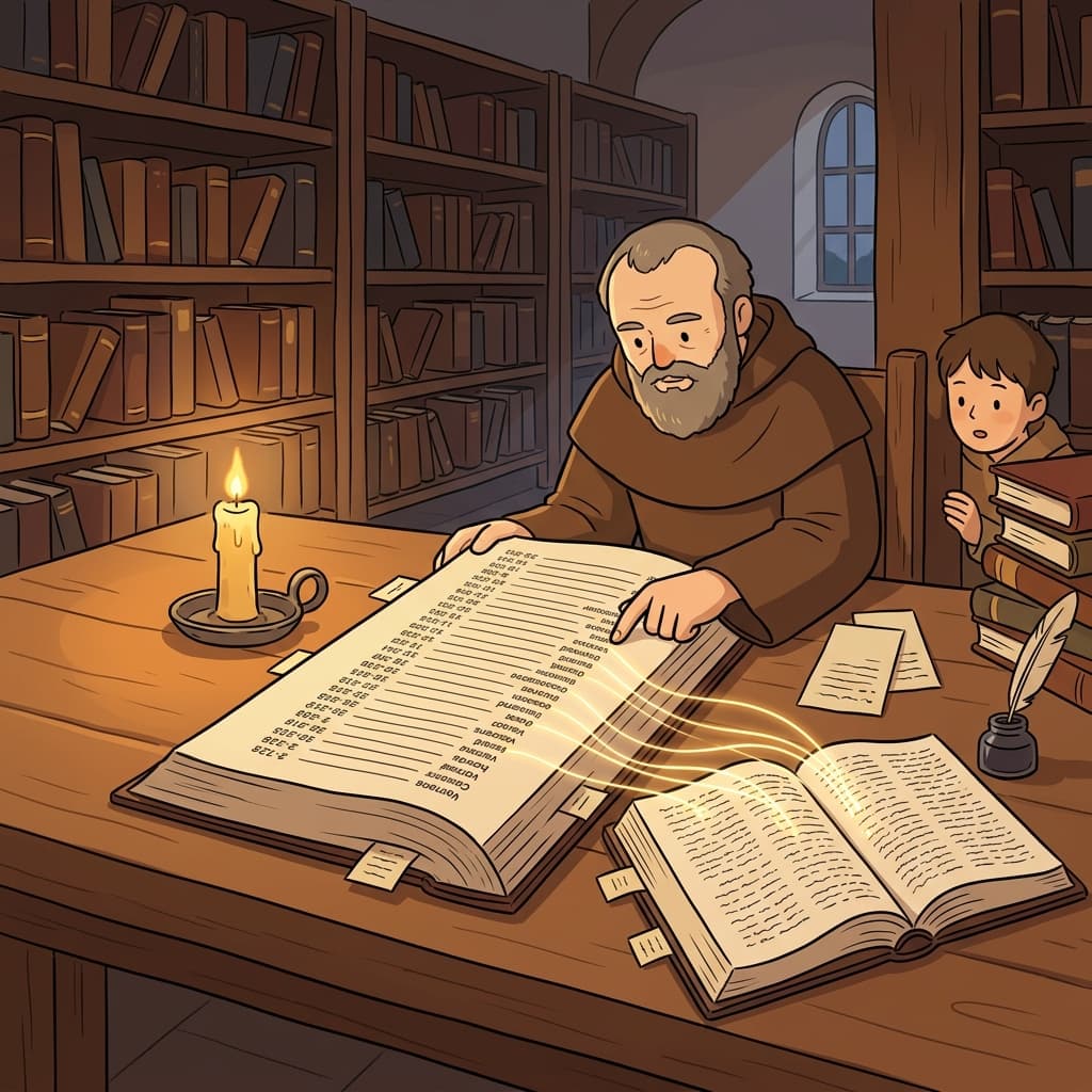 The scholar checks the concordance to find every verse where 'light' appears.