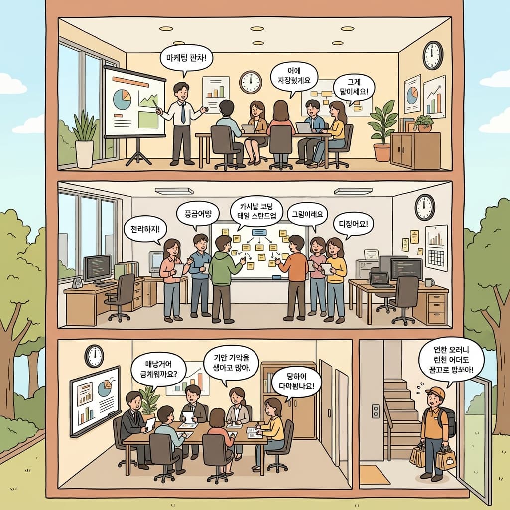 Three concurrent meetings happen on different floors of the same building at noon.