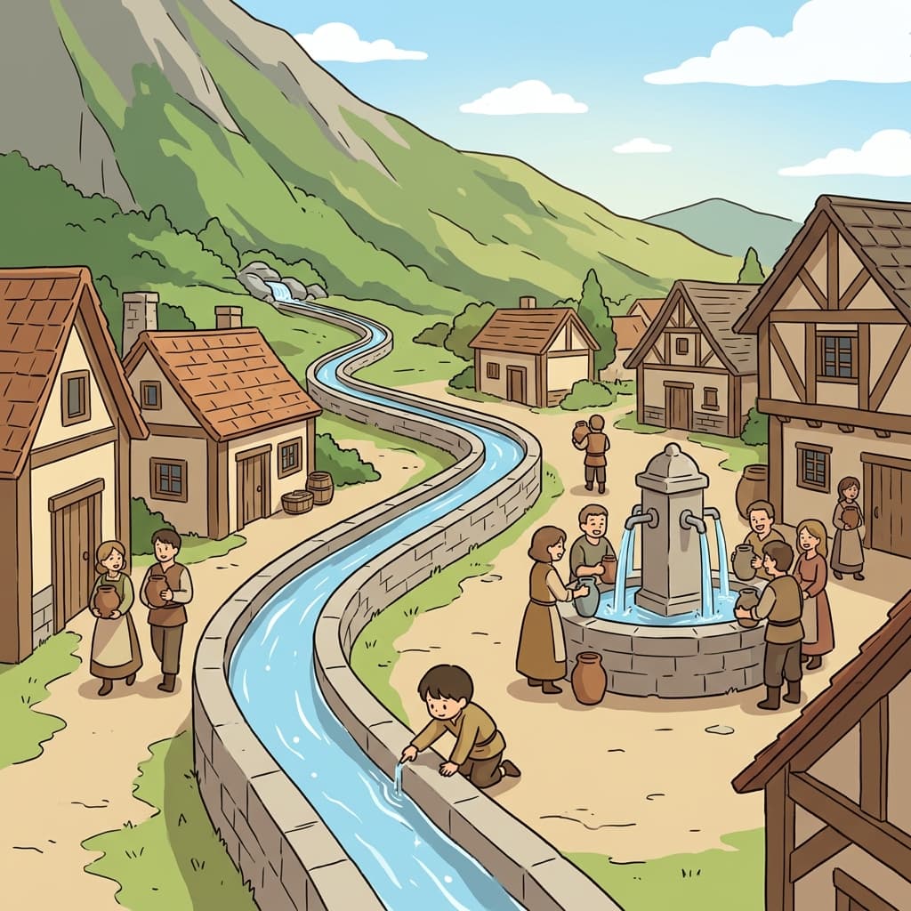 The old stone conduit carries fresh mountain water down to the village fountain.