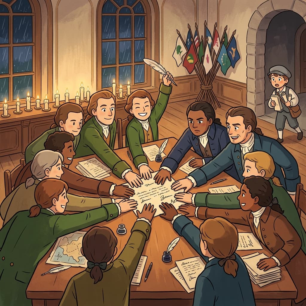 Thirteen colonial leaders sign a confederacy pact to stand united against a common threat.
