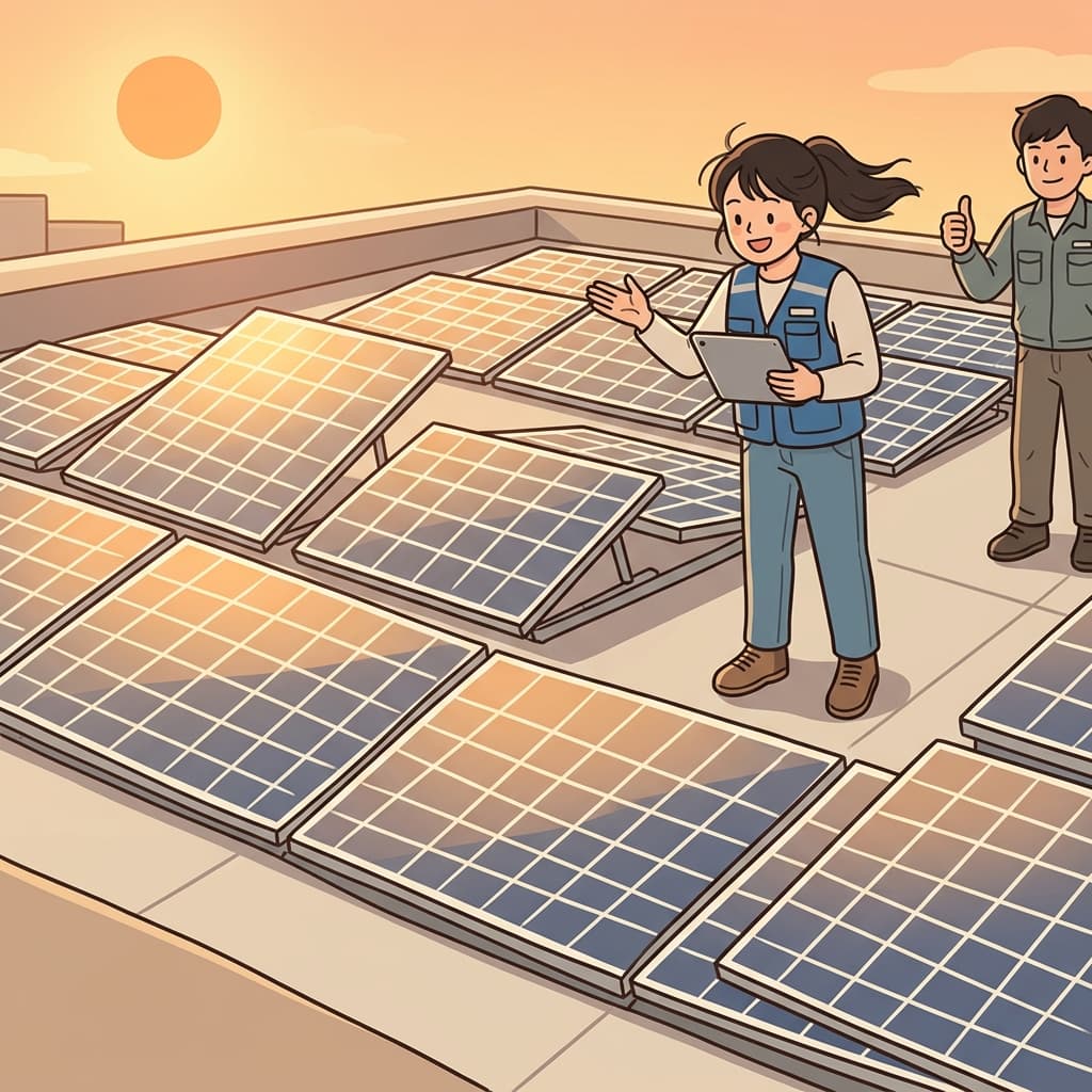 The engineer adjusts the configuration of solar panels to catch maximum sunlight.