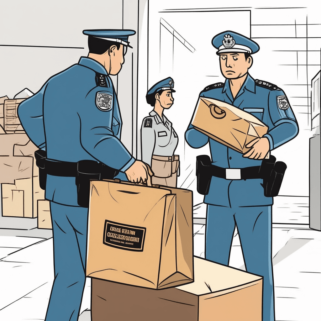 A confiscation officer seizes contraband goods from a suspect at checkpoint