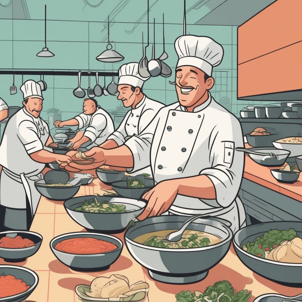 a head chef pours ingredients from three different bowls into one large mixing bowl. The chef stirs vigorously as the separate colored ingredients swirl together. What started as distinct red tomato sauce, white cream, and green herbs becomes one pink-colored mixture. The separate ingredients completely blend and lose their individual identity in the bowl. A sous chef nearby watches the transformation while other kitchen staff prepare dishes in the background. how separate elements are combined into one unified mixture