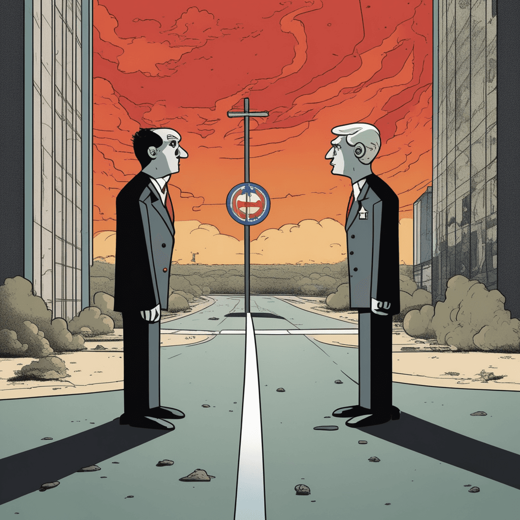 A figure stands between double face and tipping scales — where duty and desire create a conflict of interest that shadows cannot hide