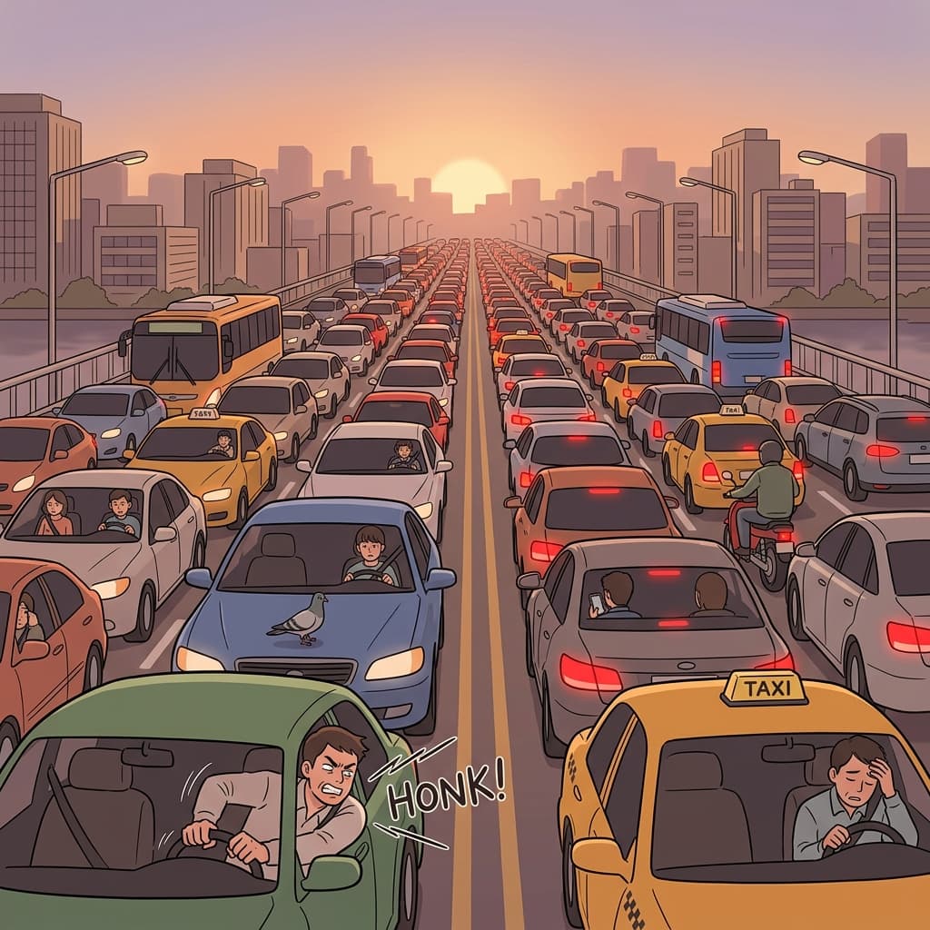 Rush hour traffic congestion blocks every lane on the downtown bridge.