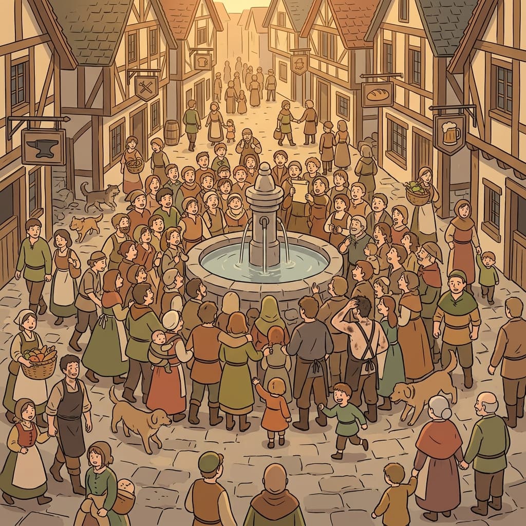 Villagers congregate in the town square to hear the harvest news.