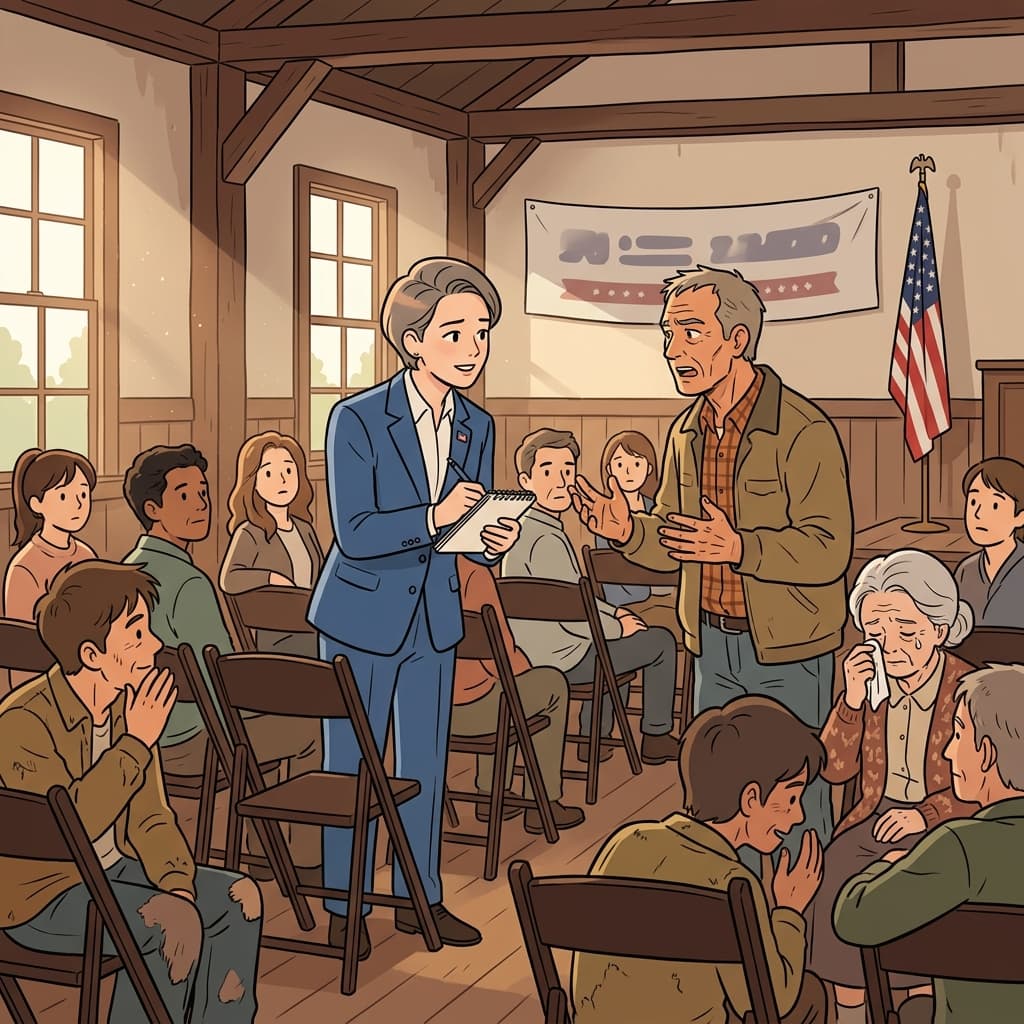 The congressperson listens carefully to a farmer's concerns at a small town hall meeting.