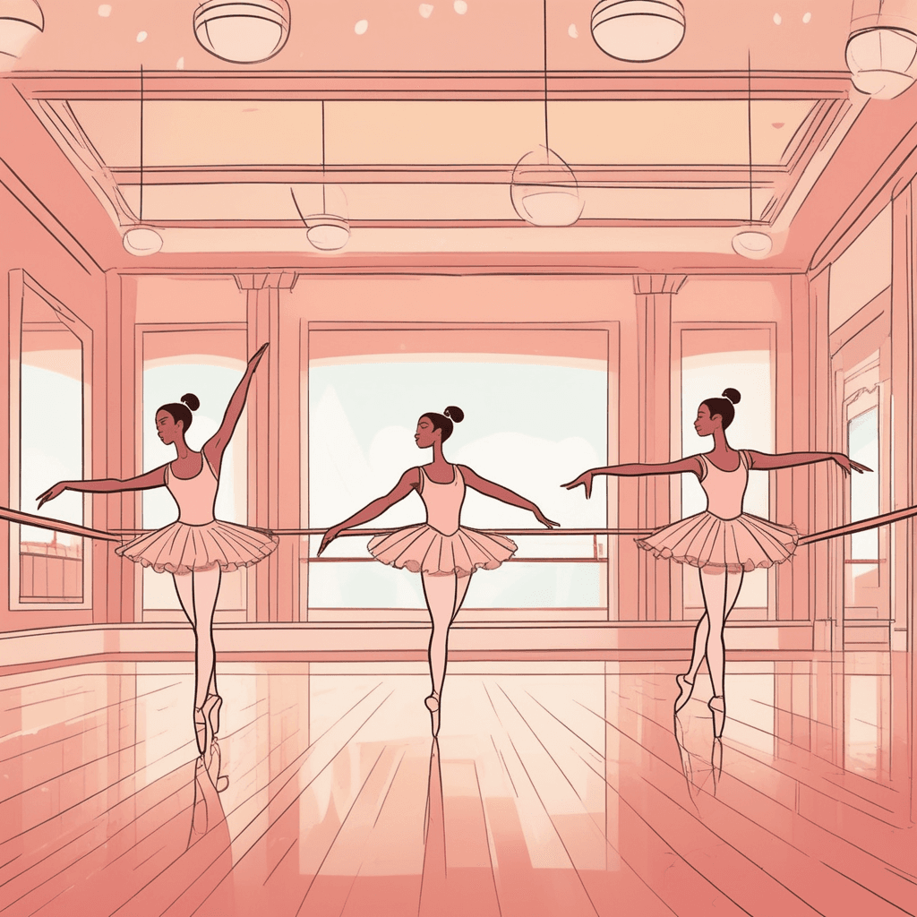 two ballet dancers perform identical movements side by side in perfect synchronization. Their arms, legs, and body positions match exactly as they execute a graceful arabesque pose. The mirror behind them reflects their congruent positions, showing how their forms align flawlessly. Other dancers in the background also move in matching pairs, creating layers of synchronized movement. The dance instructor watches approvingly as all the movements flow together in complete harmony. elements that are in perfect agreement and correspondence with each other