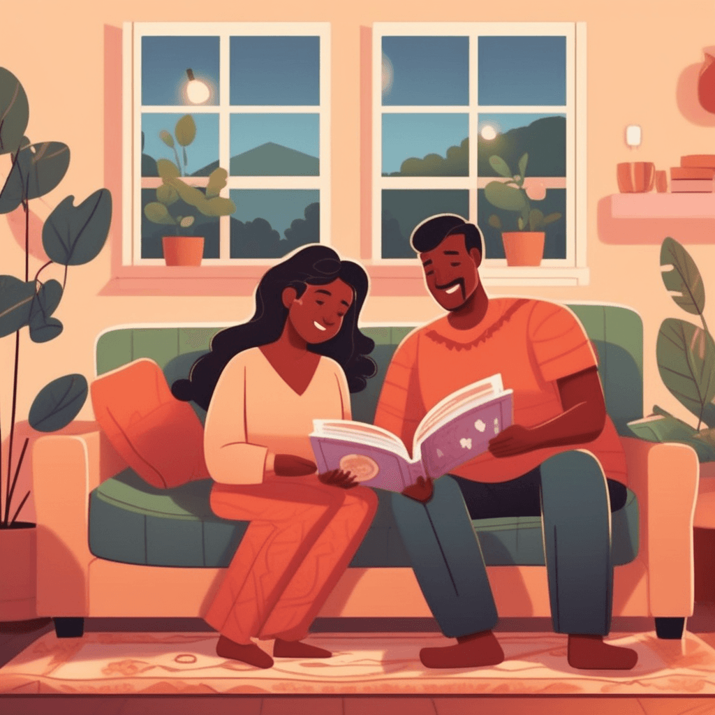 a husband and wife sit close together on their couch, sharing a warm embrace while looking through a photo album together. They point at pictures and smile at each other with deep affection and familiarity. The photo album shows images of their wedding day and years of marriage milestones. Their wedding rings are clearly visible as they turn pages together. The cozy room around them shows family portraits on the walls and shared belongings that reflect their life together. the intimate bond and partnership that exists between a married couple in their private domestic space
