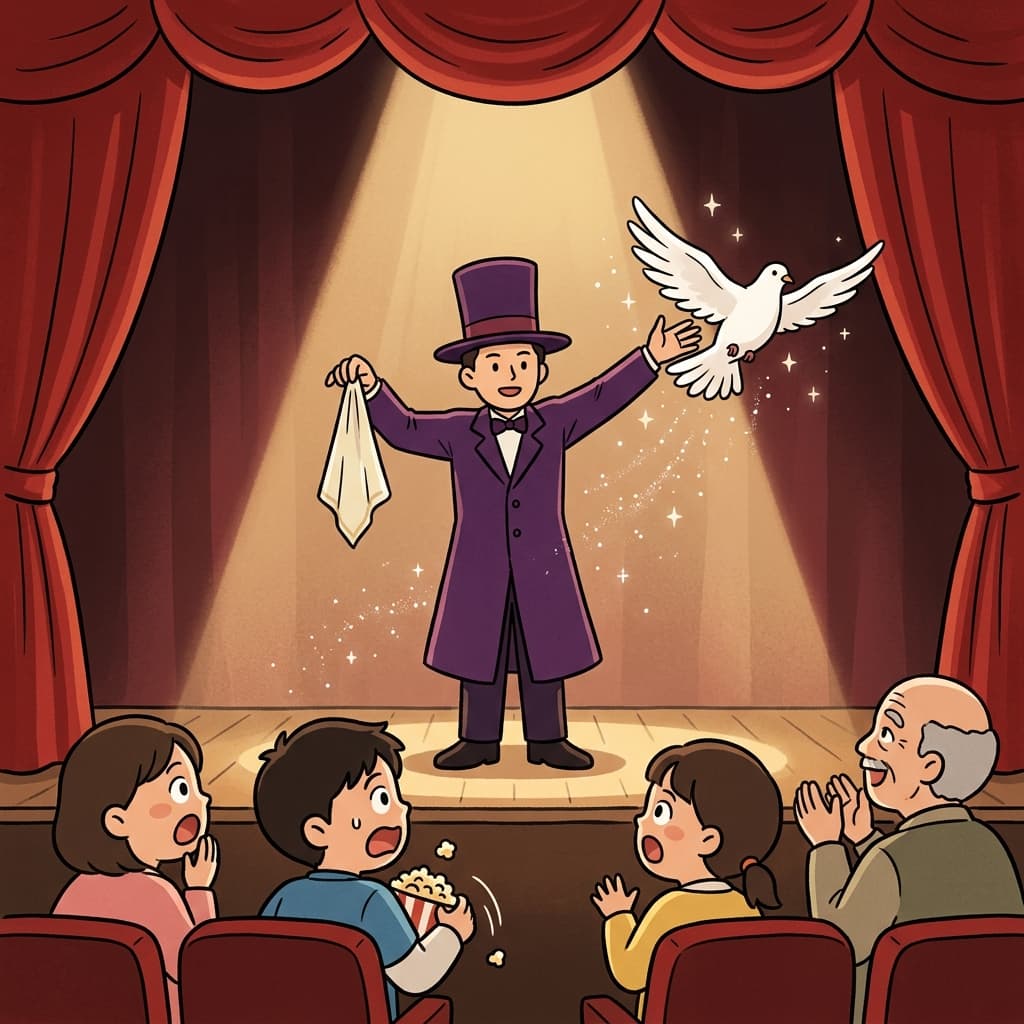 The magician seems to conjure up a dove from an empty silk handkerchief.