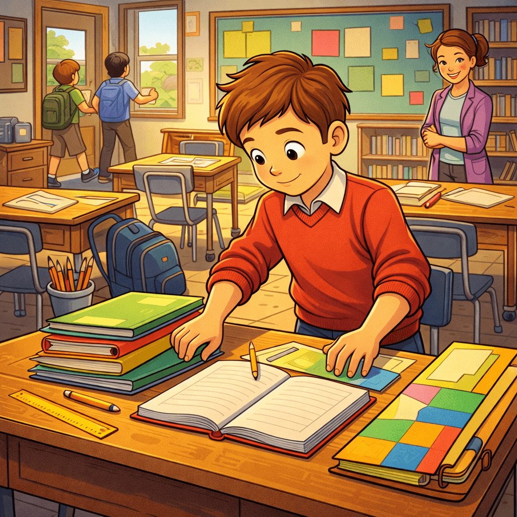 Conscientious and serious — he checks every paper, every pencil, and every book before he leaves.