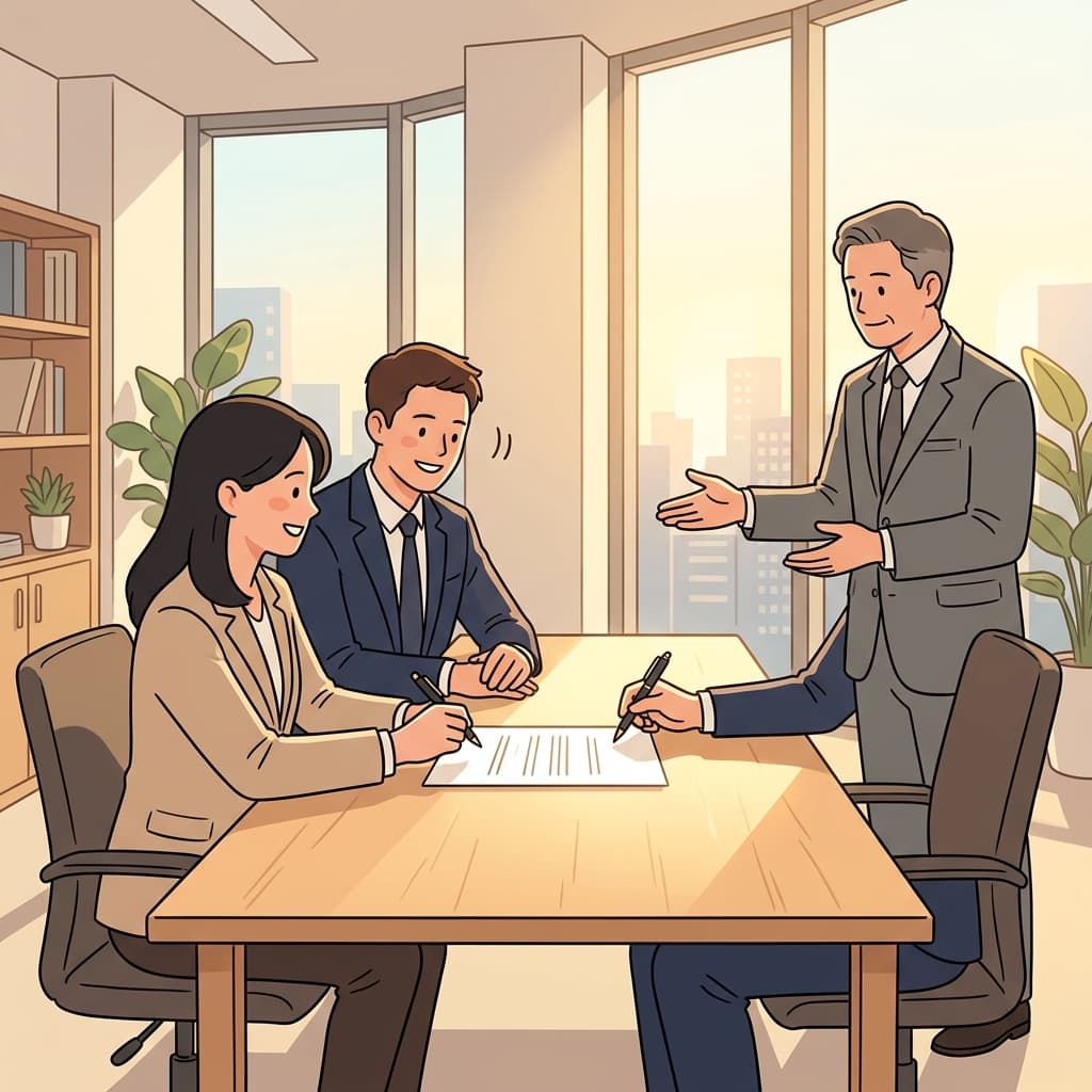 The business partners sign a consensual agreement after both nodding in full approval.