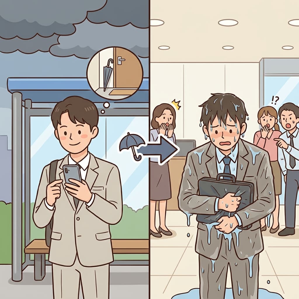 He forgot his umbrella; consequently, he arrived soaked to the bone.