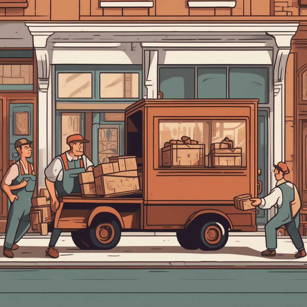 a delivery person carefully unloads ornate furniture and wrapped antiques from a truck while checking items against a clipboard. The shop owner stands nearby examining each piece as it arrives. The delivered items include vintage chairs, old paintings, and decorative vases that will be sold in the shop. The shop owner nods approvingly as each consigned item is placed inside the store. Other customers peer through the shop windows at the arriving merchandise. a batch of goods destined for delivery to someone for sale