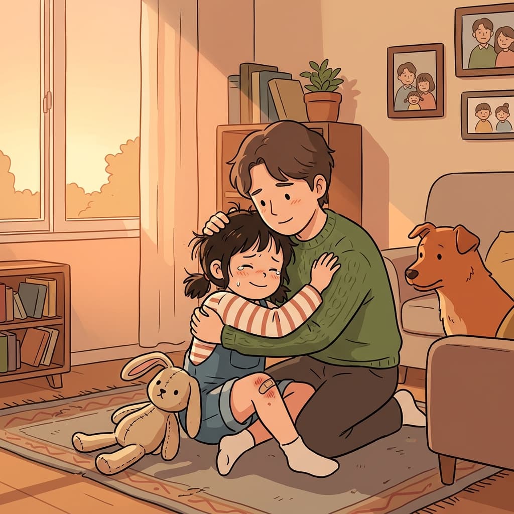 The little girl was consolable once her father hugged her tightly.