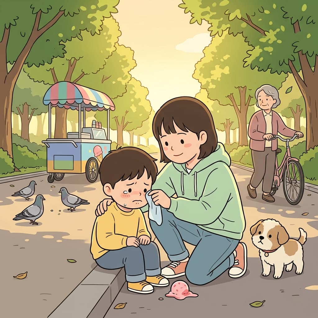 She gently console her little brother after he dropped his ice cream.