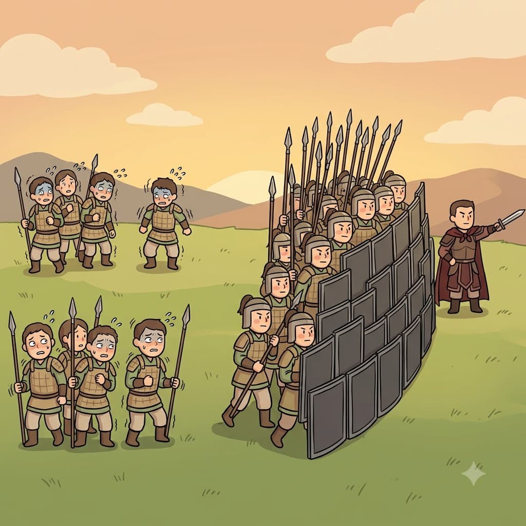 Watching the two small armies hesitate, the general ordered them to rapidly consolidate into one giant force.