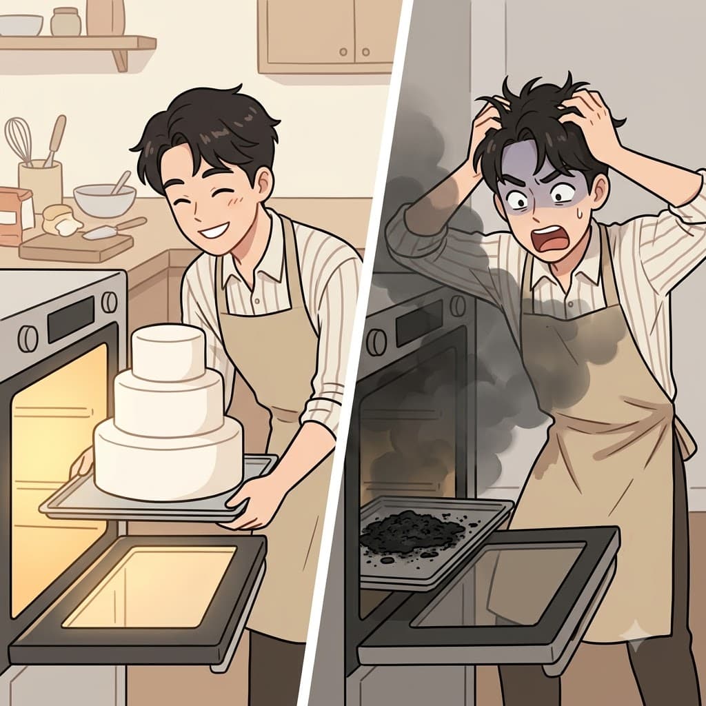 Opening the oven expecting a beautiful wedding cake, the baker stared at the black, burnt ashes in absolute consternation.
