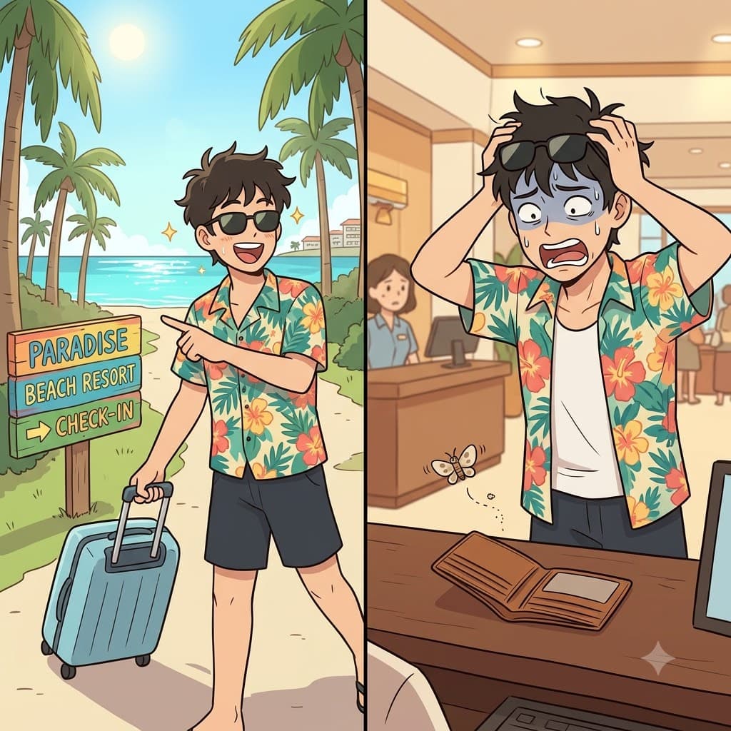 Finally arriving at his dream vacation destination, the traveler opened his empty wallet in complete consternation.