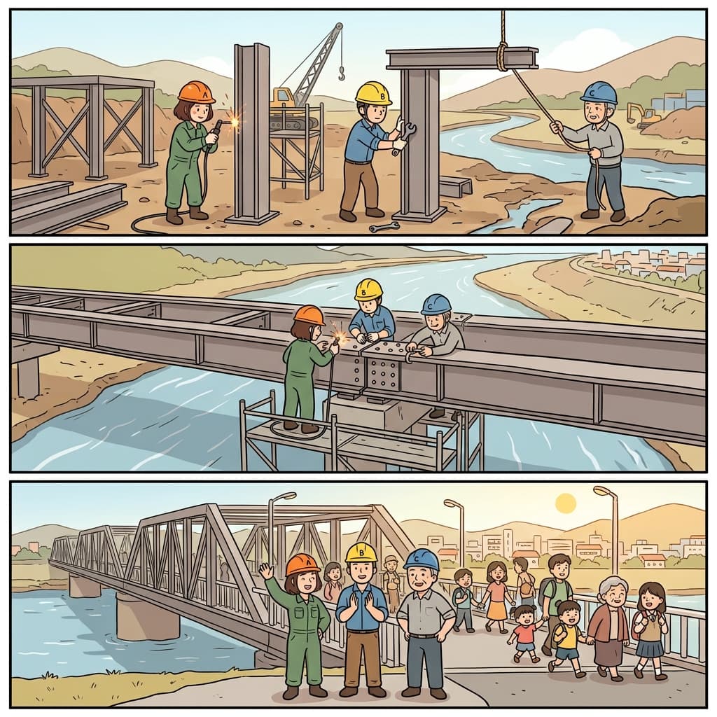 The workers constructed the bridge, connected every section, and completed the project successfully.