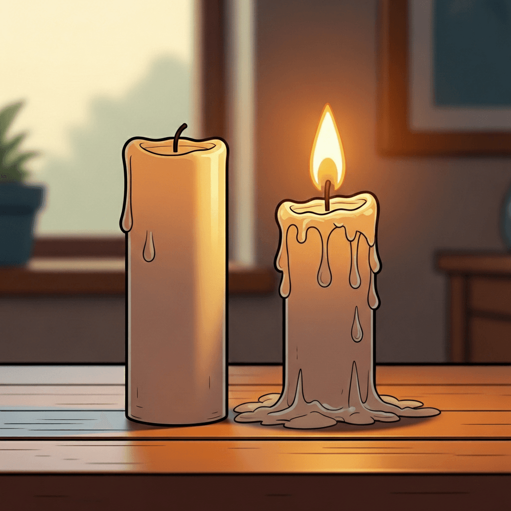 The candle grows shorter through consumption.