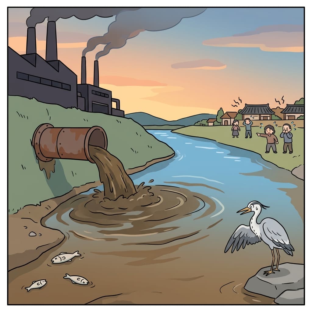 A factory pipe leaks dark sludge into the river, causing serious contamination downstream.