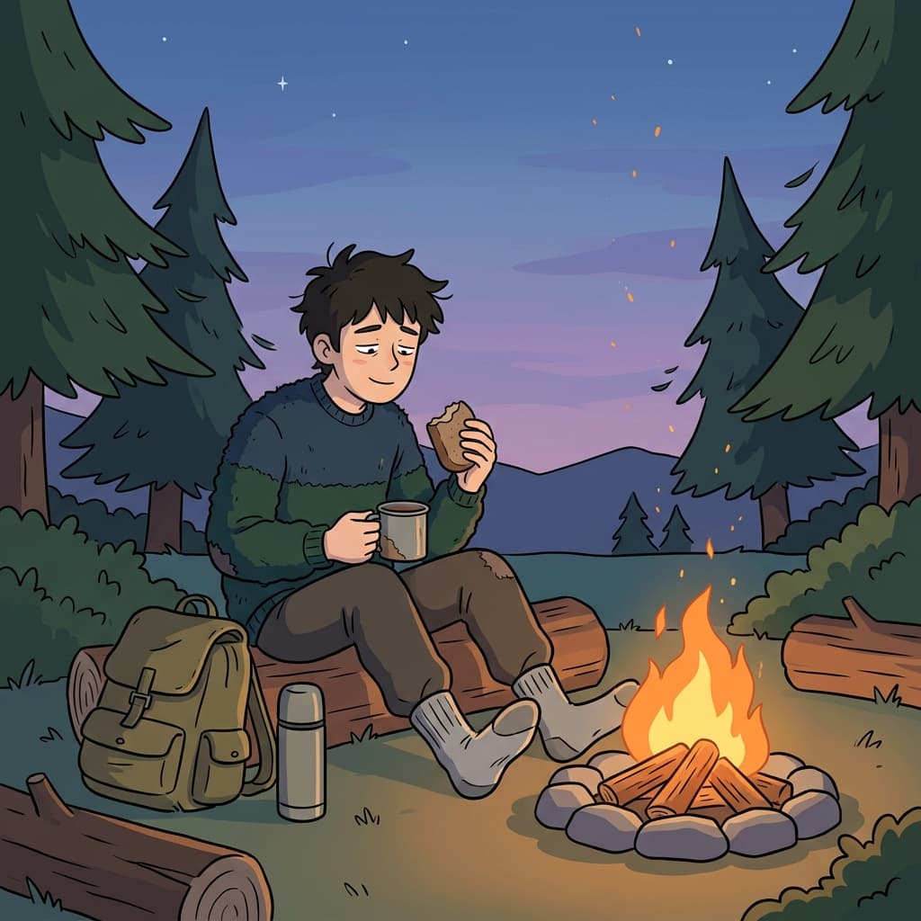 After a long hike, he sits by the campfire content with just bread and tea.