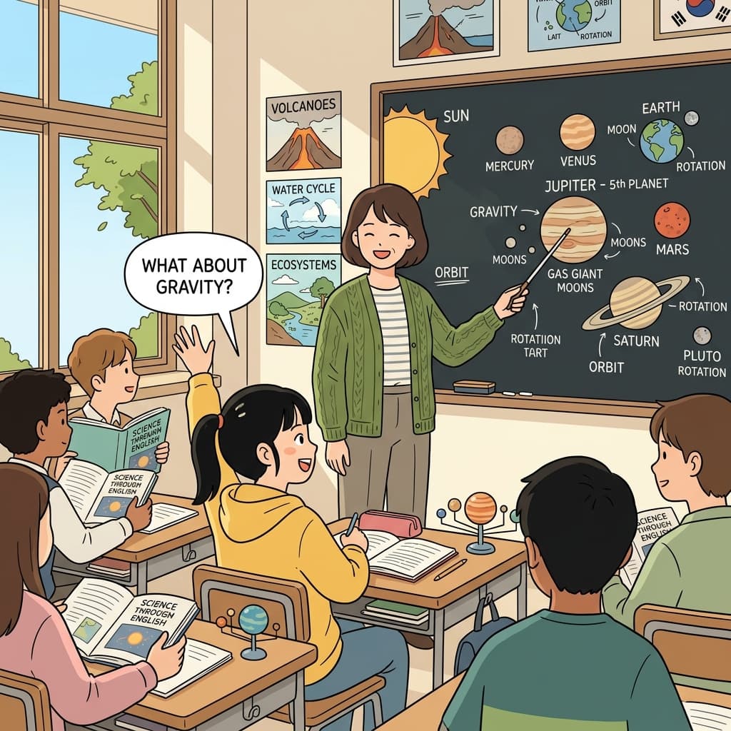 The teacher runs a content-based lesson where students learn English through science topics.