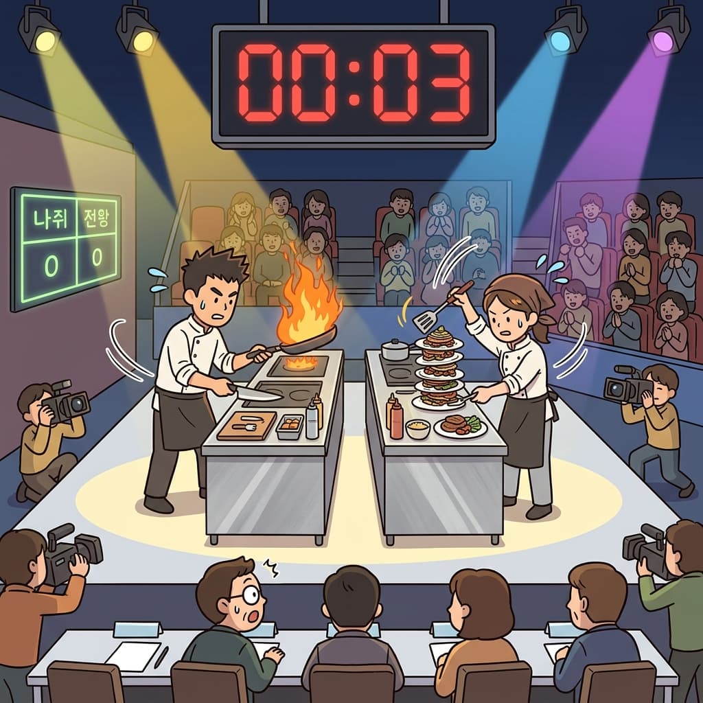 Two chefs face off in a tense cooking contest under bright stage lights.