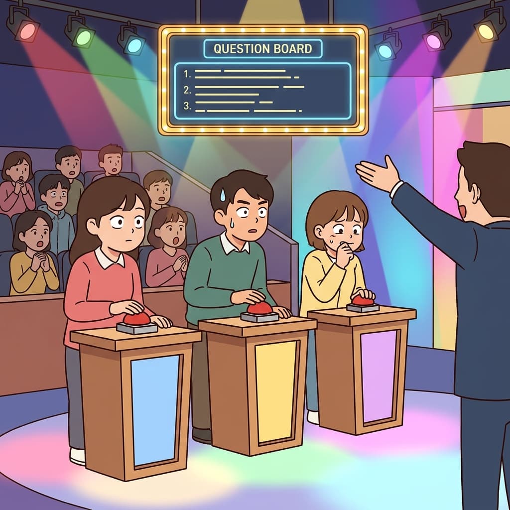 Each contestant grips the buzzer, eyes locked on the quiz board.