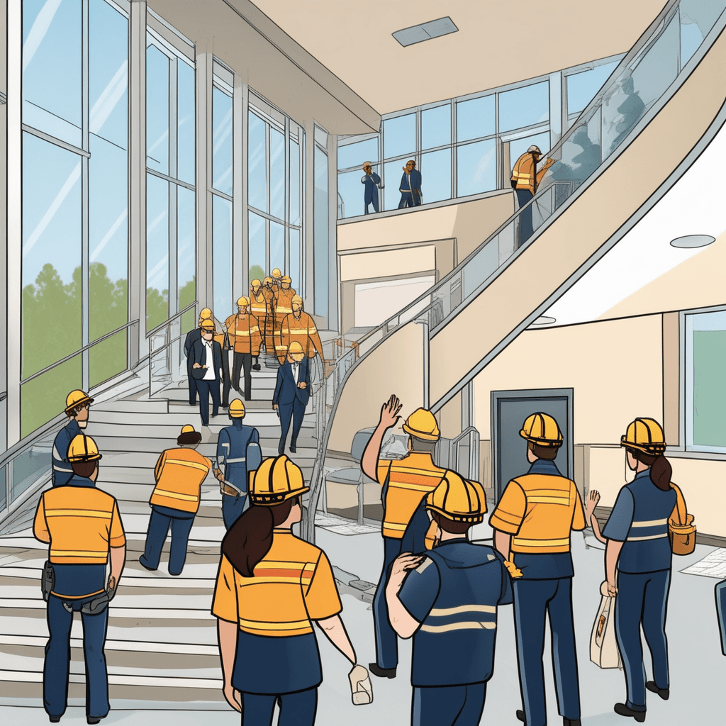 an emergency coordinator guides employees toward the stairwell while checking her emergency response checklist. She points toward the exit route as workers gather their belongings and move quickly but calmly. The fire alarm light flashes red above them, though no actual fire is visible anywhere. This could be a real emergency or just a practice drill, but everyone must respond as if it's real. Office workers look uncertain but follow the coordinator's directions toward safety. Some glance around nervously, not knowing if this is the real thing or just practice. preparation for a future event that is possible but cannot be predicted with certainty