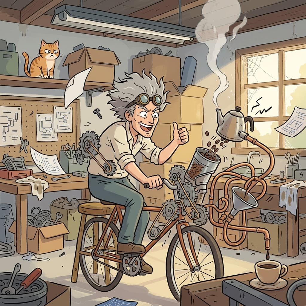 The inventor's bizarre contraption brews coffee using bicycle pedals and rubber bands.