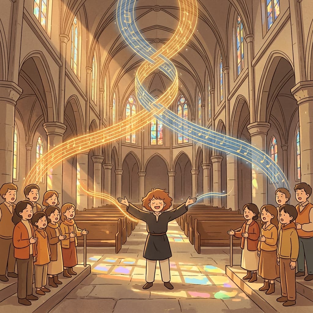 The choir's contrapuntal harmony weaves two melodies into one breathtaking sound.