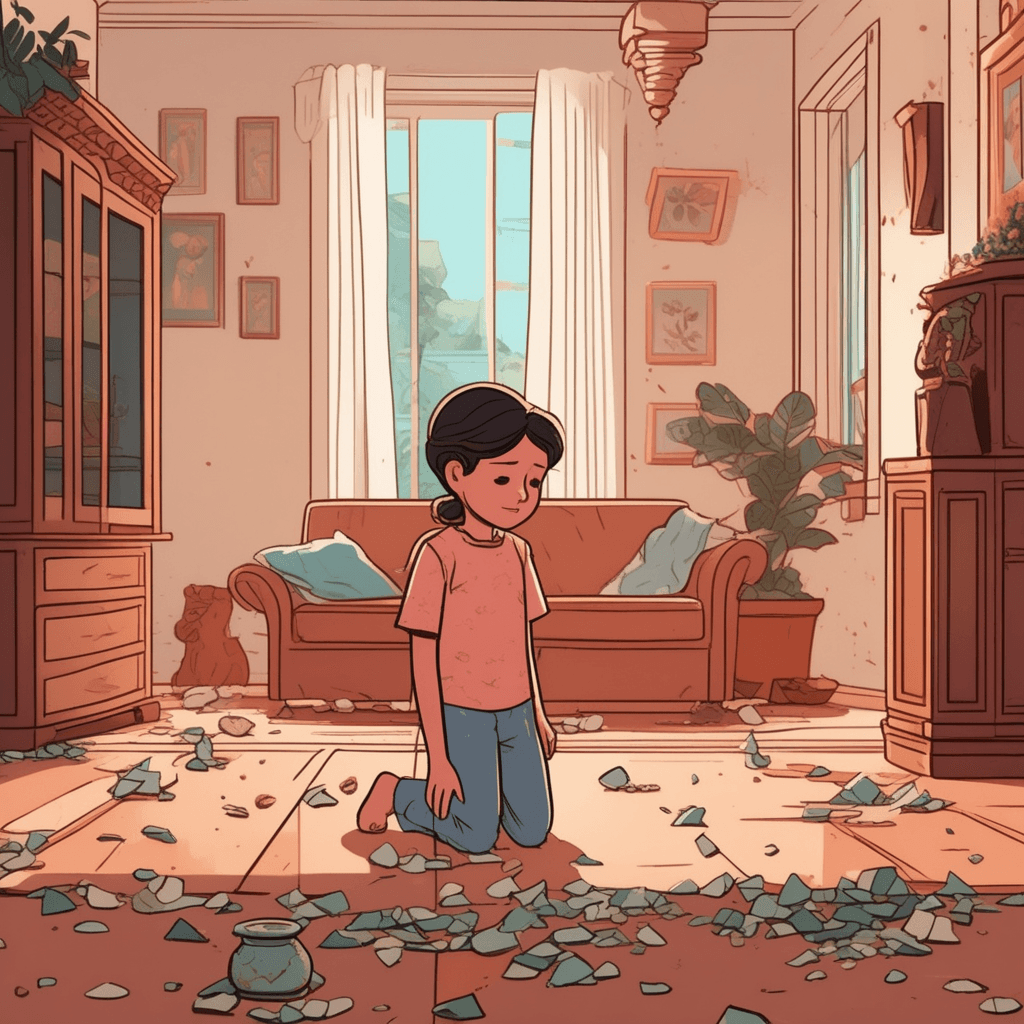 a young child kneels beside the broken fragments of an ornate family heirloom vase, hands clasped together in sincere apology. The child's head is bowed low with tears streaming down their face, looking up pleadingly at their parent. The parent stands nearby with a mix of disappointment and understanding, having discovered the accident moments before. The broken ceramic pieces lie scattered around the child who trembles with genuine sorrow for their mistake. The parent's expression softens as they see the child's authentic regret and pain over causing damage. the state of feeling remorseful and penitent