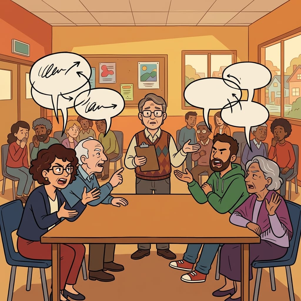 Contrary voices filled the meeting as people argued about the new rule. (CONTROVERSY → CONTRARY VOICES → controversy happens when voices strongly oppose each other)