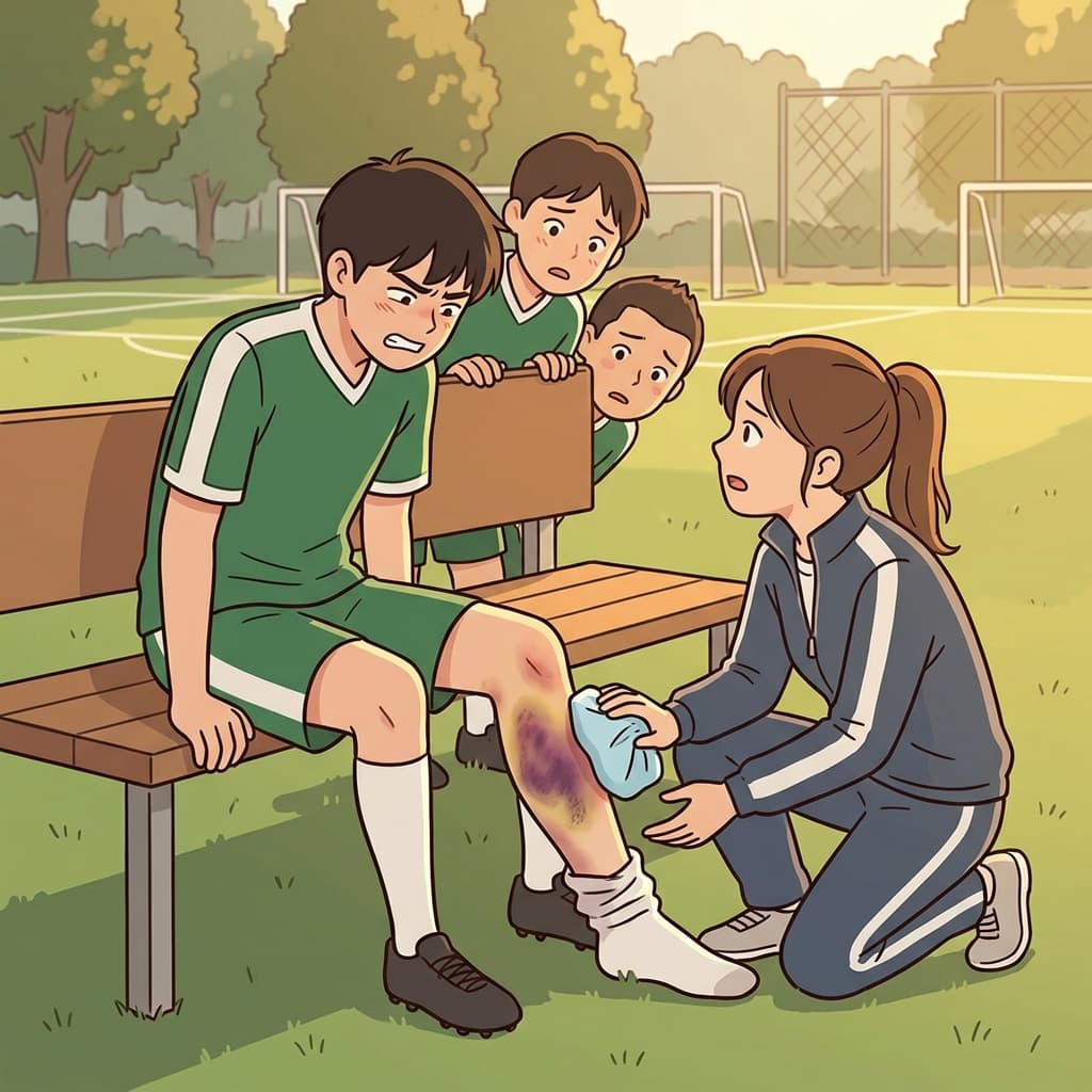 After the soccer collision, a dark contusion bloomed on his shin.