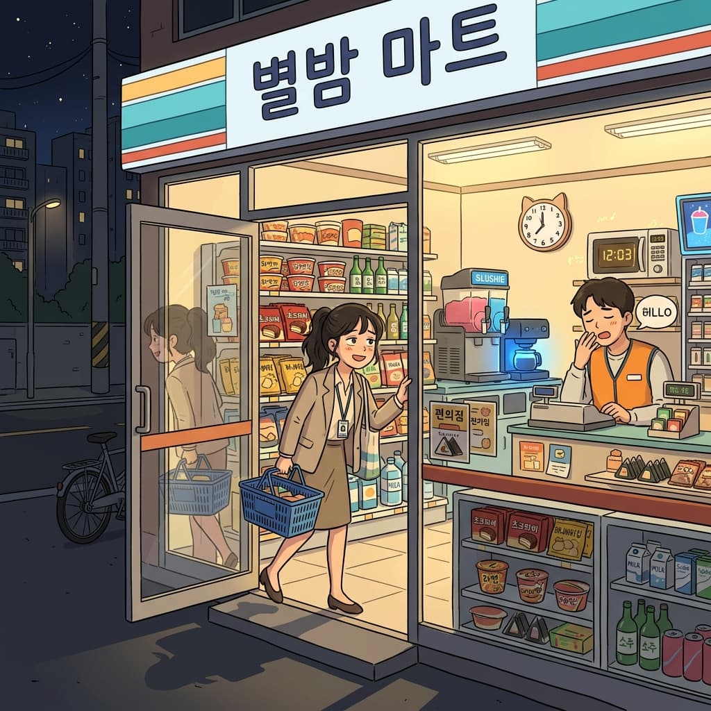 She grabs a midnight snack at the convenience store after a long shift.