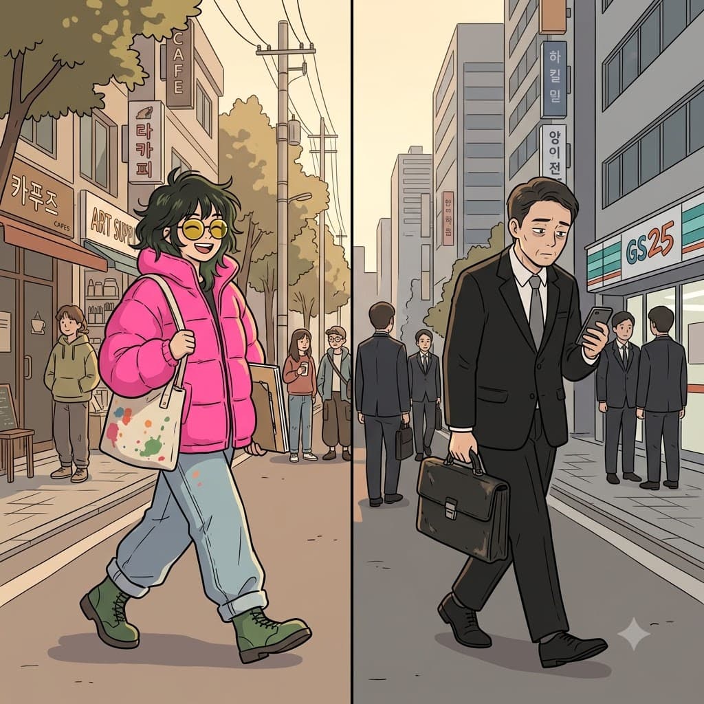 While the artist wore a wild, colorful outfit, the businessman wore a highly conventional black suit.