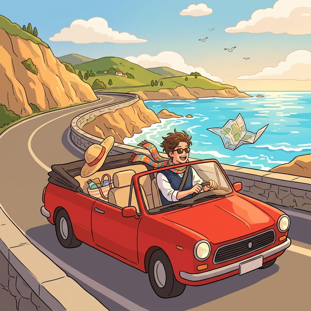 He drives a red convertible down the coast with the top down.