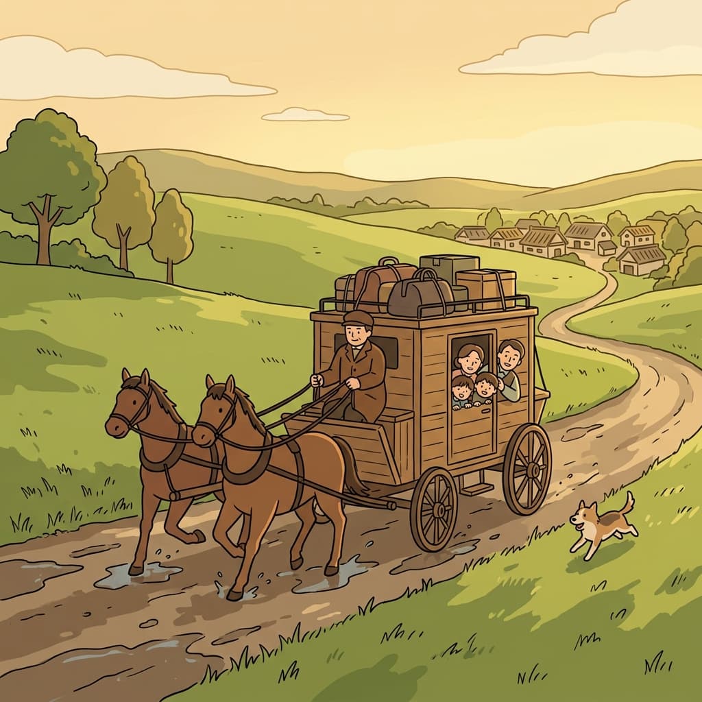 An old horse-drawn conveyance carries the family across the muddy countryside road.