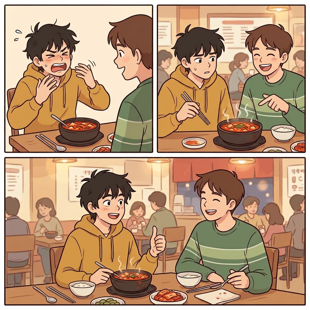 He winced after tasting the spicy sauce but was soon convinced to try another bite.