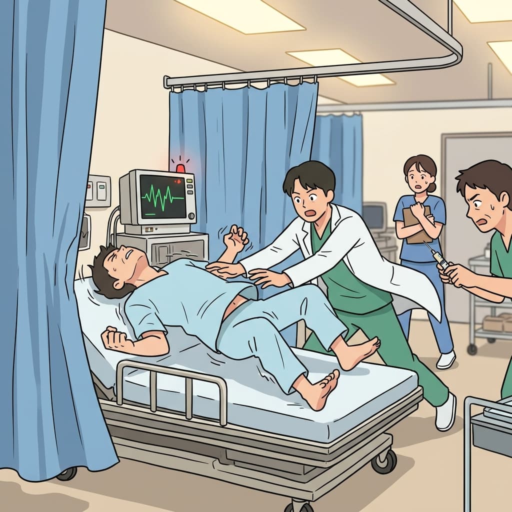 The patient began to convulse violently as the doctors rushed to stabilize him.