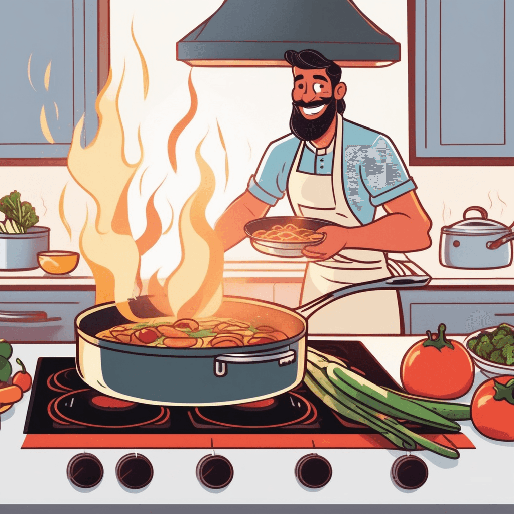 a cheerful chef stirs vegetables in a large sizzling pan over a bright flame. Steam rises from the hot pan as the colorful vegetables change from raw to perfectly cooked. The heat transforms the ingredients from their original state into a delicious meal. A family member watches eagerly from nearby, drawn by the appetizing aromas. the process of preparing food by heating it